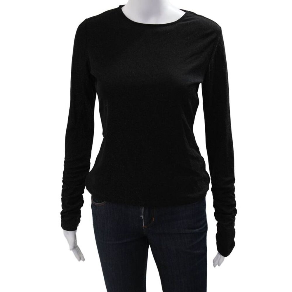 Lini Women Basic Black Long Sleeve Round Neck Top Metallic Blend Size S
